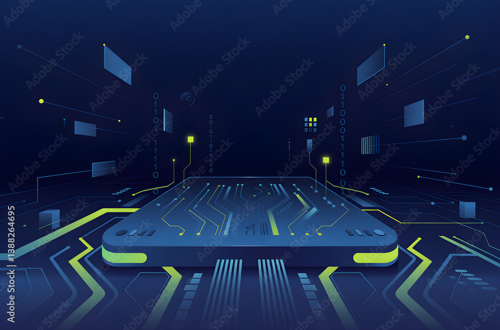 Poster futuristic circuit board showing data flowing through digital connections