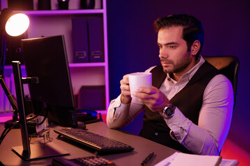 Smiling smart businessman remotely meeting sales team holding coffee cup, discussing research...