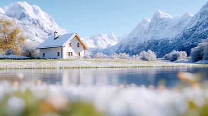 Cozy mountain chalet by a tranquil lake, blanketed in winter's embrace.  A serene, picturesque scene of a snow-covered home nestled amidst towering peaks and a glassy lake.