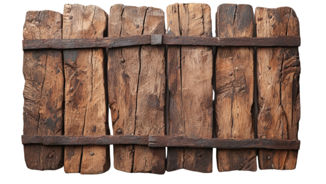 Png of A rustic wooden plank texture with an aged appearance and iron bands on transparent background.