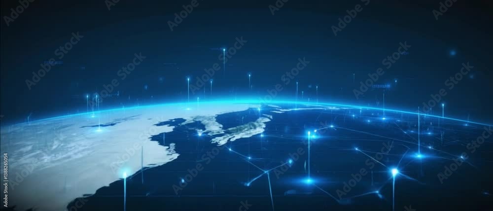 Poster rotating digital earth shows glowing data points and futuristic connections across continents. conce