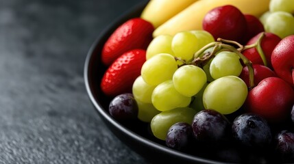 Colorful assortment of fresh fruits in a dark plate.  Clusters of vibrant red strawberries, yellow bananas, plump red cherries, and green and purple grapes