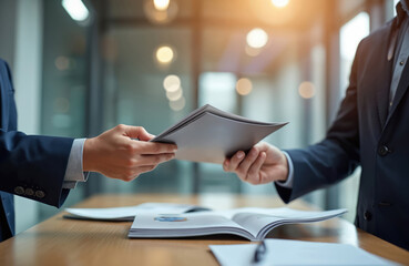 Business meeting scene. Person gives brochure to another. Corporate environment, business people, office, discussion. Presentation, marketing, business strategy, teamwork, partnership, deal.