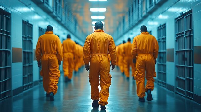 Orange jumpsuit prisoners walking in jail corridor prison inmates correctional facility incarceration concept