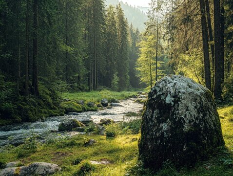 Serene Forest Stream: A large moss-covered boulder stands guard beside a rushing stream, surrounded by a verdant forest with sunlight filtering through the dense foliage. The air is crisp and fresh.