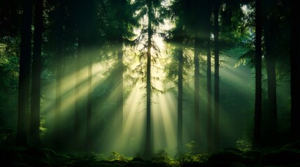 Obraz premium Sunbeams filtering through misty forest canopy creating magical atmosphere
