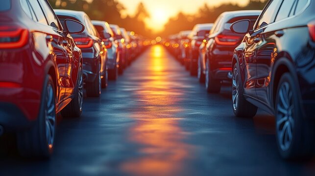 Traffic jam at sunset on highway with cars in row transportation congestion commute traveling vehicles - Powered by Adobe