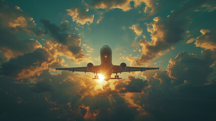 Passenger plane at sunset. view from below of yellow-tinted sunset.