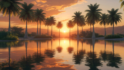 Obraz premium Tropical Sunset with Palm Trees Reflected in Calm Water, Serene Landscape in Golden Light
