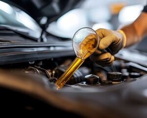 Obraz premium A person checking engine oil using a funnel, demonstrating car maintenance and care.
