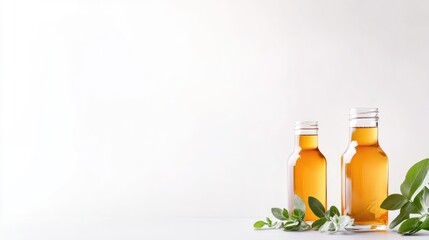 Two amber glass bottles, one larger than the other, contain golden liquid. They sit on a white surface, flanked by sprigs of greenery. The background is bright white. The image is high-quality, with