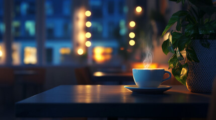 Warm coffee cup on display in a cozy cafe or bar setting