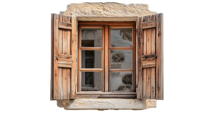 Png of A rustic wooden window with open shutters, showcasing a charming view of an old stone wall on transparent background.