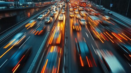Night city traffic jam highway rush hour with blurred motion car lights aerial view urban transportation