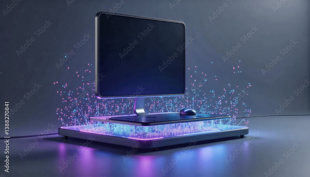 Poster trendy neo futurism 2025 ai design rendering: a sleek computer monitor with a mouse sits on a glowin