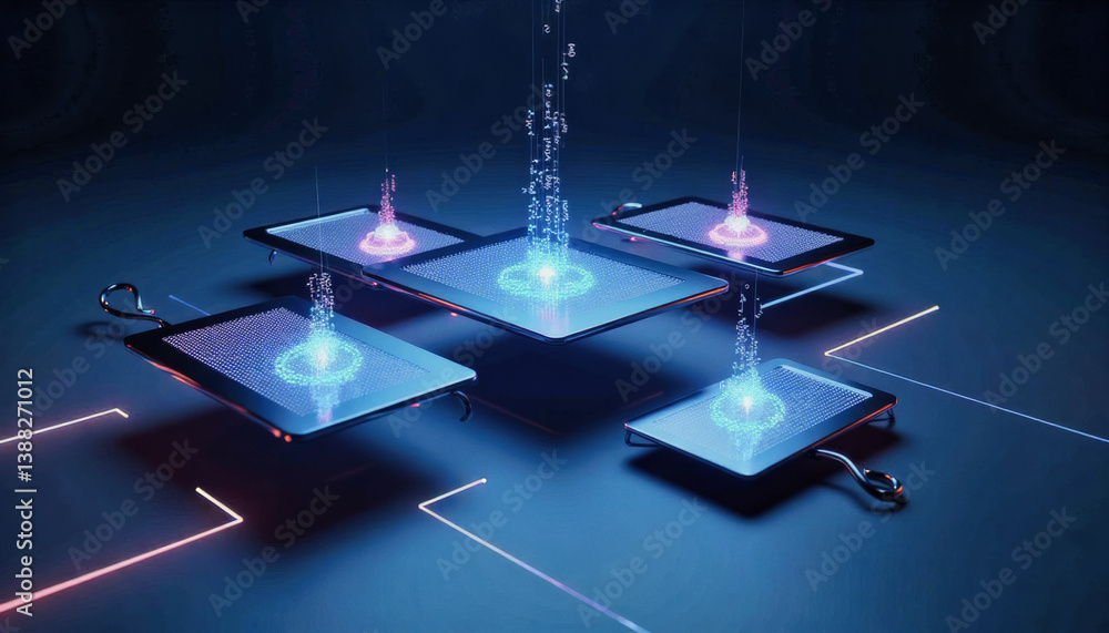 Poster trendy neo futurism 2025 ai design rendering: glowing blue data streams connect several suspended ta