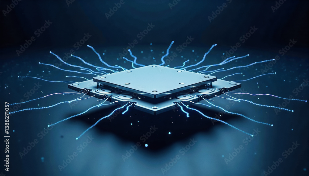 Poster trendy neo futurism 2025 ai design rendering: a futuristic, glowing microchip with intricate circuit