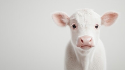 Fototapeta premium White Calf Minimalist Portrait, Soft Lighting, High-Resolution, Close-up View, Gentle Expression, Innocent Gaze, White Background, Pure Serene Mood, Ideal for Pet Adoption Ads