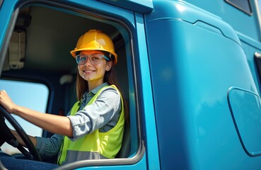 Portrait of young woman truck driver wearing safety helmet, glasses smiling at the wheel. Transportation industry, cargo delivery, freight transport. Professional occupation, trucking, road, career.