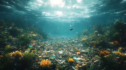 Fototapeta premium Ocean plastic pollution crisis underwater garbage accumulation photo