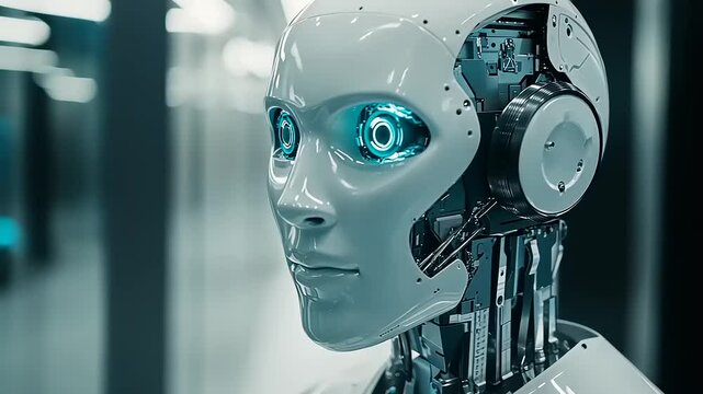 Futuristic humanoid robot with glowing blue eyes in a modern, sleek environment