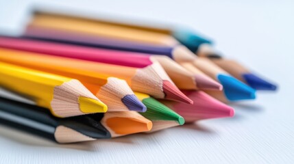 Colorful sharpened pencils arranged in a row on a white surface, and close-up composition highlighting vibrant hues and creative potential.