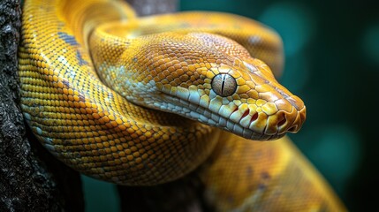 Fototapeta premium Golden Snake Coiled on Branch Close-up with Detailed Scales Texture