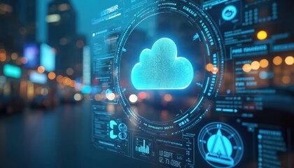 Holographic weather forecast projection in futuristic city. Futuristic display, digital interface with atmospheric data. Cloud symbol. Innovation tech for accurate meteorological predictions.