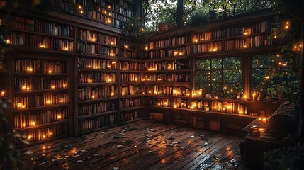 A cozy lo-fi library at night, wooden shelves filled with old books, the soft golden glow of candles flickering in a tranquil corner,