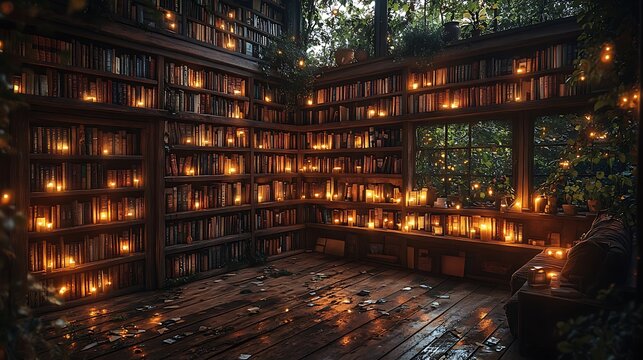 A cozy lo-fi library at night, wooden shelves filled with old books, the soft golden glow of candles flickering in a tranquil corner,