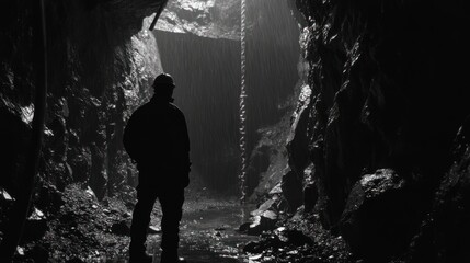 Obraz premium Miner Standing Inside Dark and Wet Underground Cave Black and White