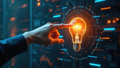 Hand touching glowing light bulb tech concept. Modern interface with circuits background. Digital innovation, business, idea, creativity, AI, and future tech.