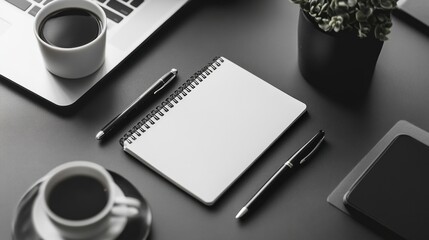 Structured flat lay of monochrome office essentials showcasing a notebook, pen, phone, and coffee cup on a sleek surface