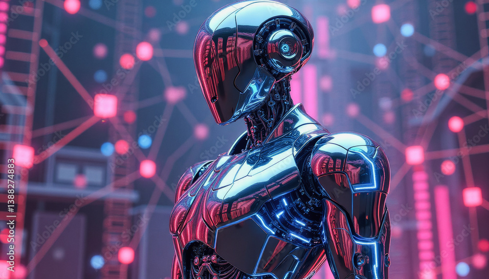 Poster trendy neo futurism 2025 ai design rendering: a sleek, futuristic robot with a metallic silver finis