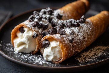 Two crispy cannoli filled with cream cheese and chocolate chips topped with powdered sugar on plate
