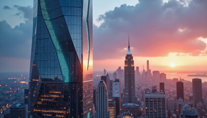 Obraz premium Trendy neo futurism 2025 ai design rendering: A modern skyscraper with a striking, twisting design dominates the foreground against a vibrant sunset backdrop featuring the iconic Empire State Buildi