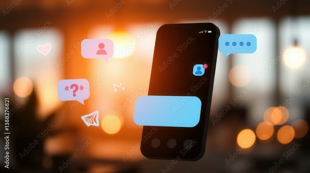 Poster smartphone displaying multiple social media notifications against a blurred background, showcasing c