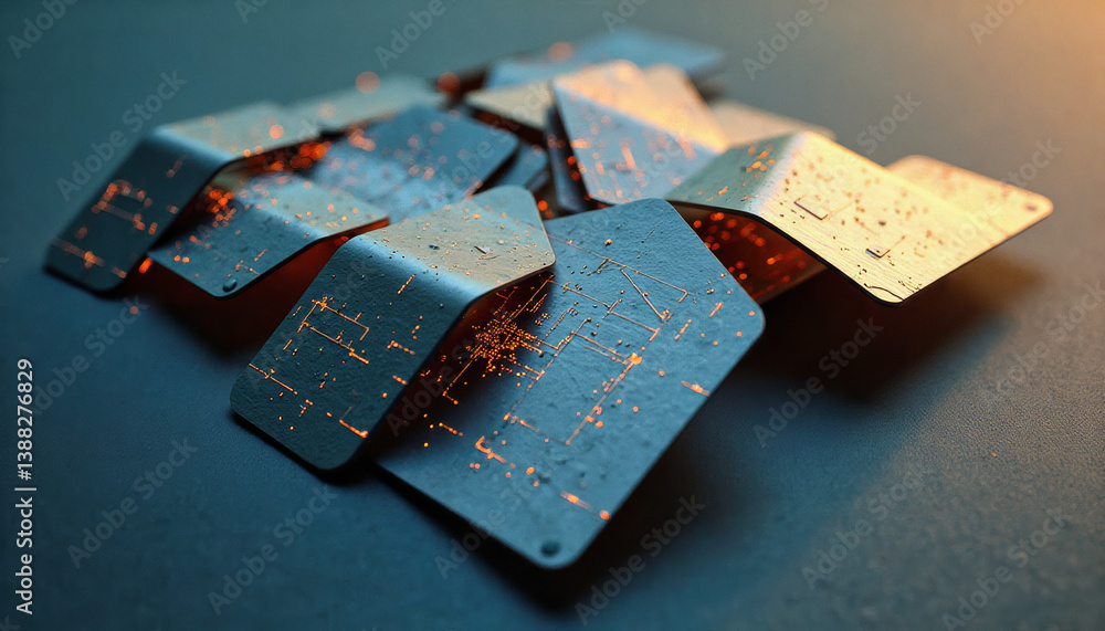 Poster trendy neo futurism 2025 ai design rendering: a pile of metallic circuit boards with glowing orange 