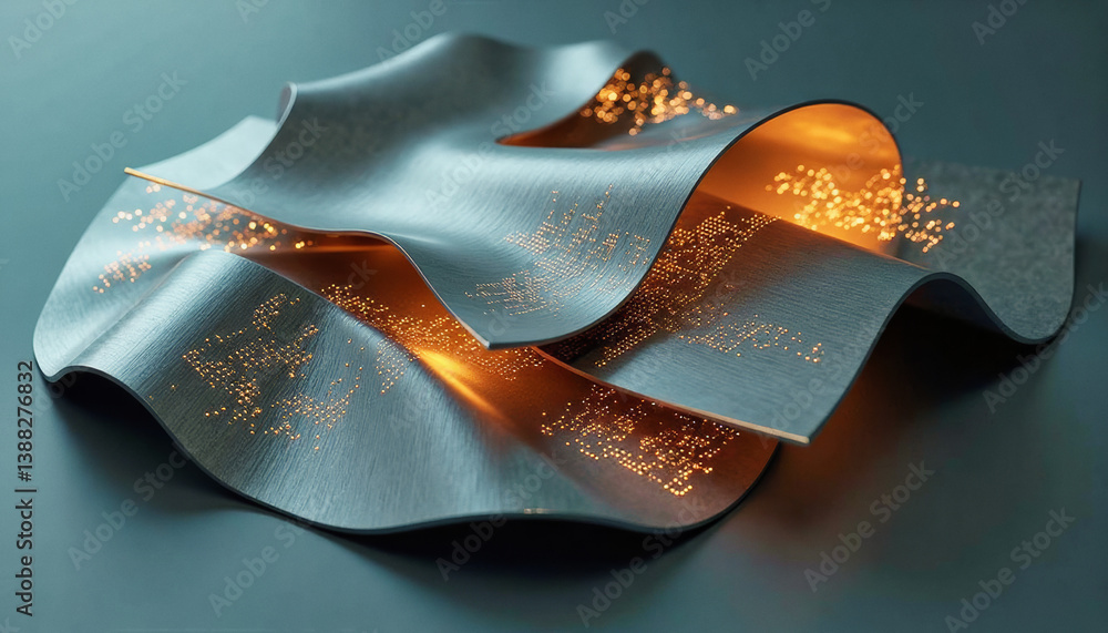 Poster trendy neo futurism 2025 ai design rendering: a metallic, abstract sculpture resembling layered shee