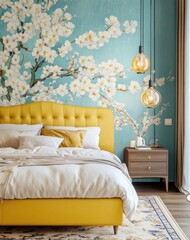 A cozy bedroom featuring a yellow bed and floral wallpaper
