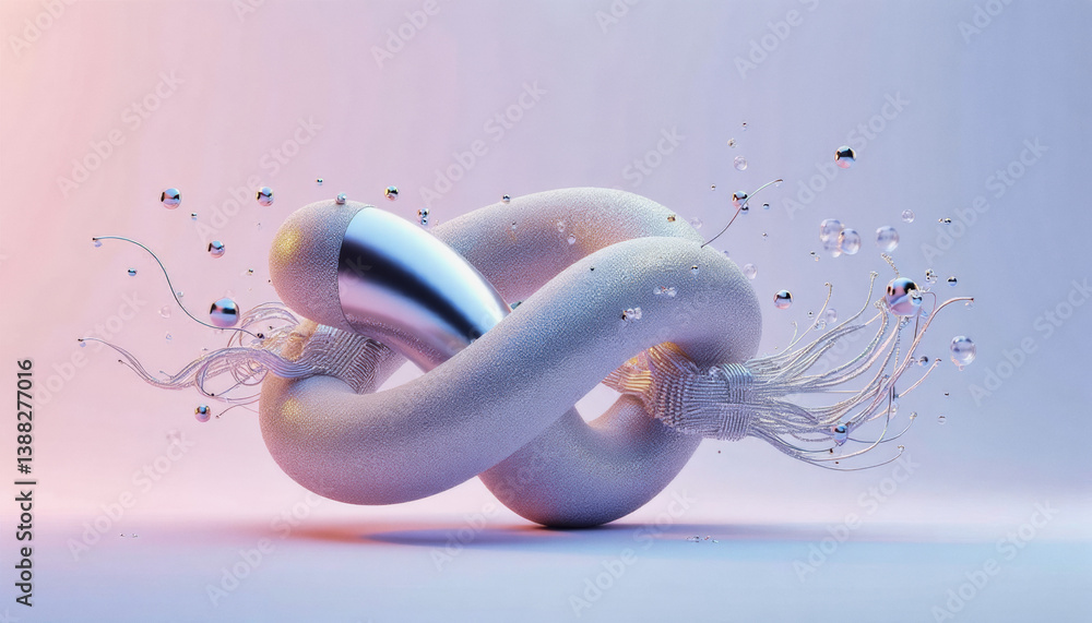 Poster trendy neo futurism 2025 ai design rendering: a shimmering, abstract sculpture resembling a knot is 