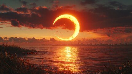 Majestic sunset over the ocean with fiery sun and clouds image