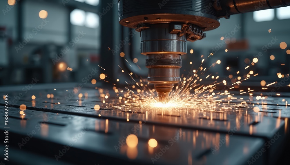 Poster cnc machine creating custom parts in industrial workshop. sparks fly during metalworking process. ma