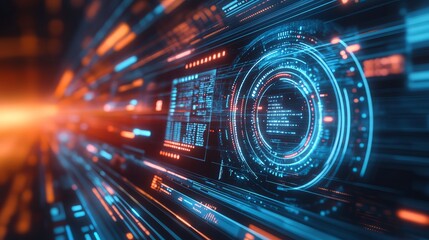 Abstract digital interface with glowing circular elements and data streams in blue and orange hues