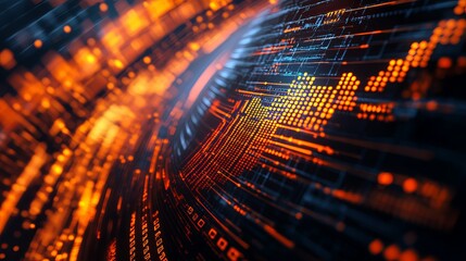 Abstract glowing orange data flow with grid lines and binary code on a dark background