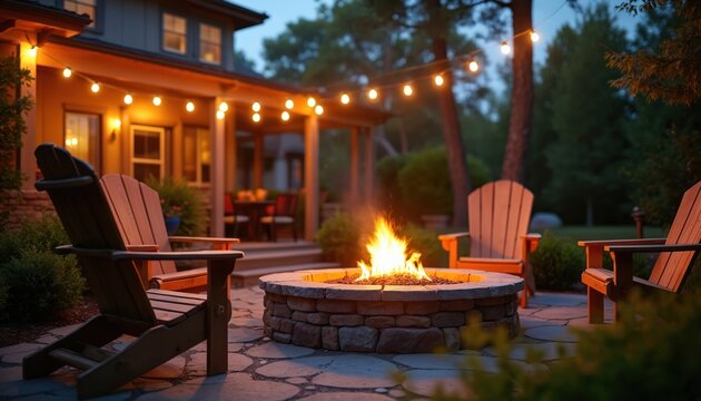 Outdoor fire pit lights up cozy late summer evening. Wooden chairs around fireplace, string lights. Warmth, comfort. Autumn, fall season concept. Gathering outdoors at home, friends, family enjoy
