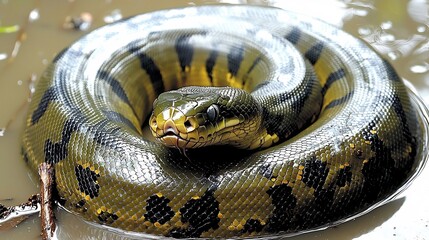 Obraz premium Anacondas olive green scales color coiled around monochrome river branch Amazonian danger