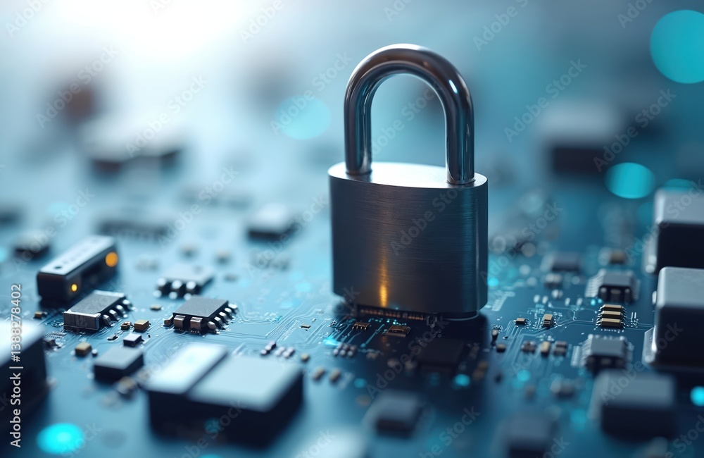 Poster metal padlock on computer circuit board. concept of cyber security data protection and network priva