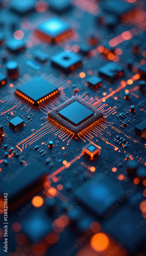 Poster high-tech computer circuit board with chips. digital microchip background. tech ecosystem, data tran