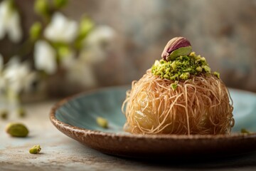 Traditional Turkish kadaif pastry topped with crushed pistachios and served on a ceramic plate